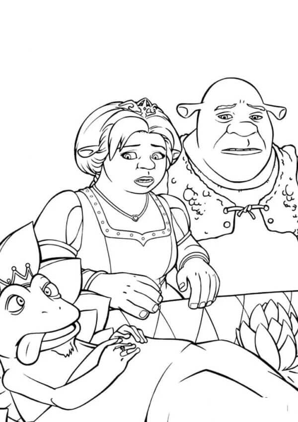 Kolorowanki Smutny Shrek i Fiona z żabą królewską