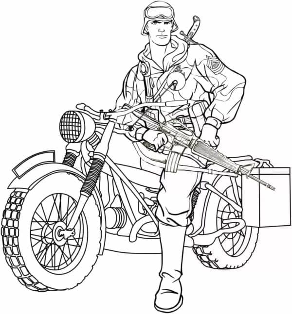 Kolorowanka Żołnierz na Motocyklu