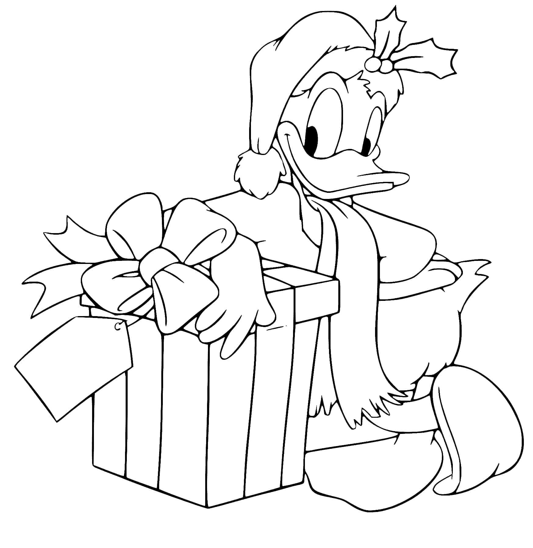 Kolorowanka Kaczor Donald i prezent świąteczny