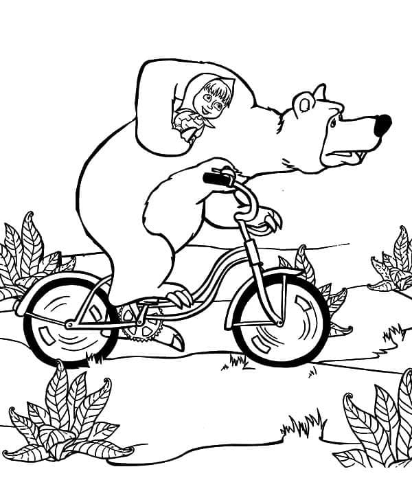 Kolorowanka Masza i Niedźwiedź na rowerze