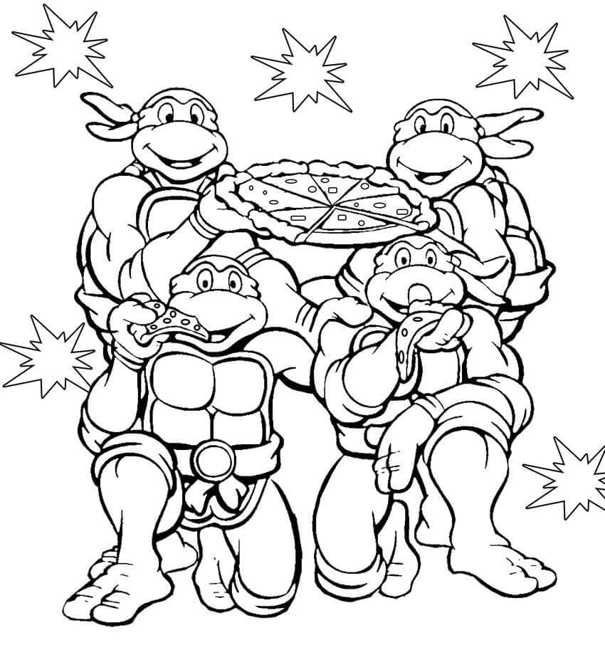 Kolorowanka Wojownicze Żółwie Ninja z pizzą