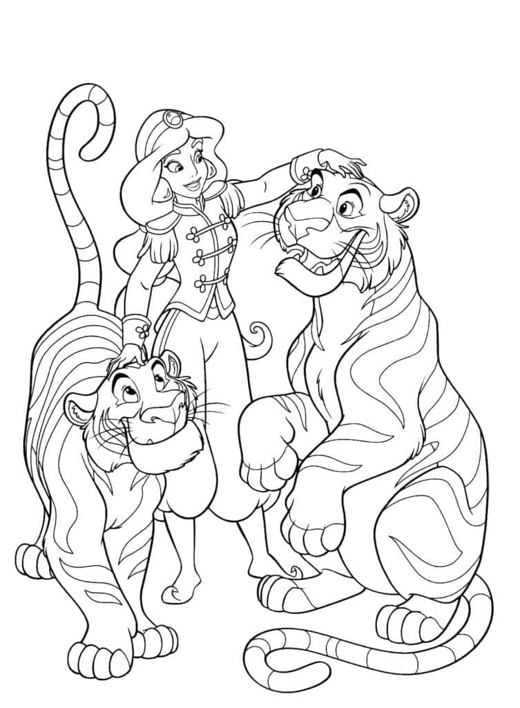 Kolorowanki Księżniczka Dżasmina i tygrysy