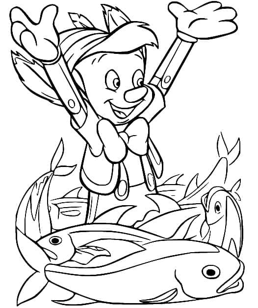 Kolorowanka Pinokio i ryby
