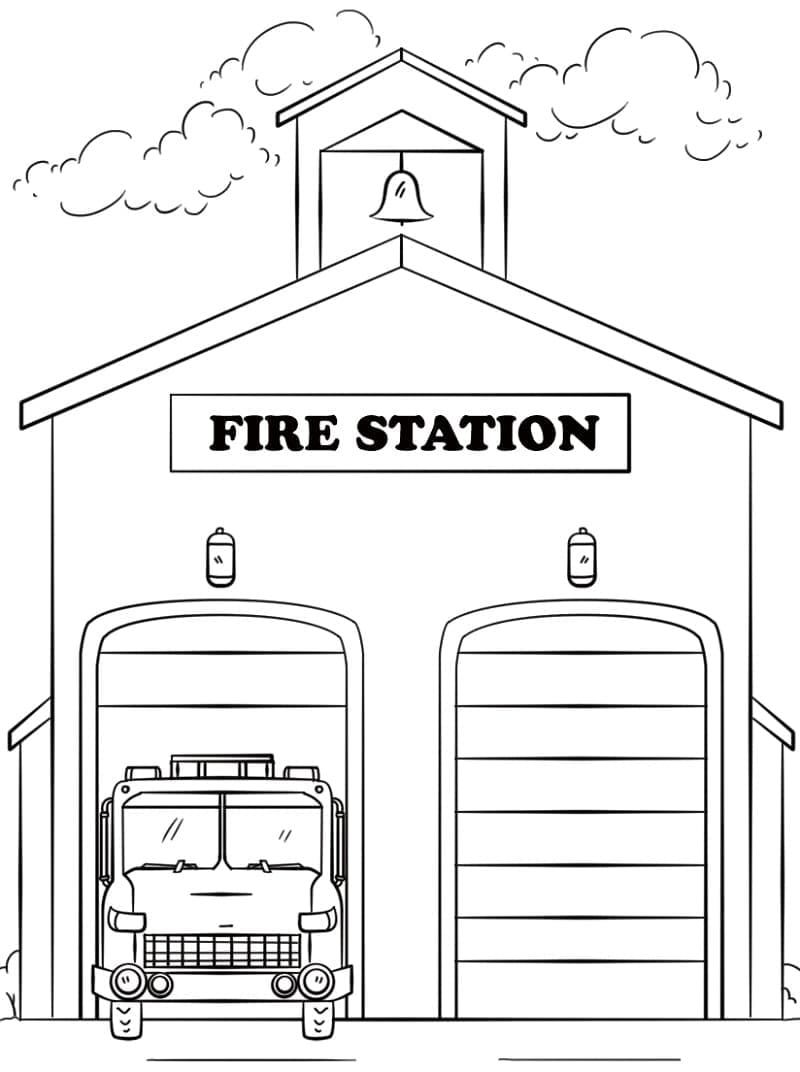 Kolorowanka Wóz strażacki w remizie strażackiej