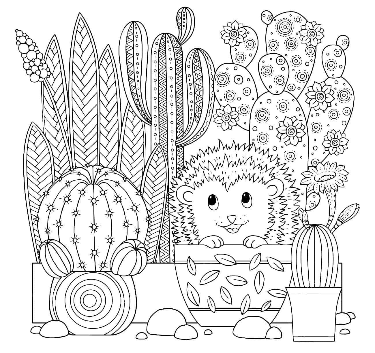 Kolorowanki Śliczny jeż i kaktusy