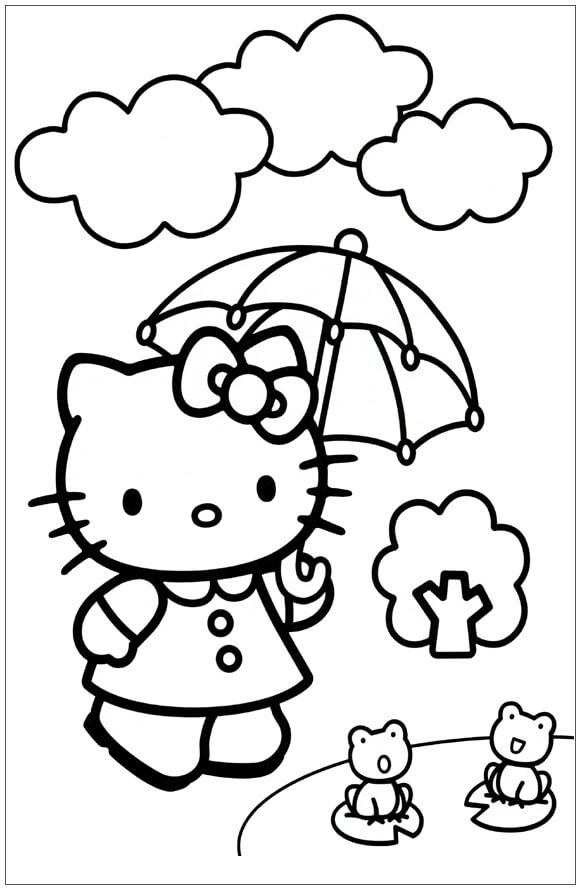 Kolorowanki Hello Kitty trzymająca parasol z dwiema żabami