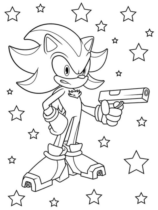 Kolorowanka Narysuj Sonic Shadow trzyma pistolet