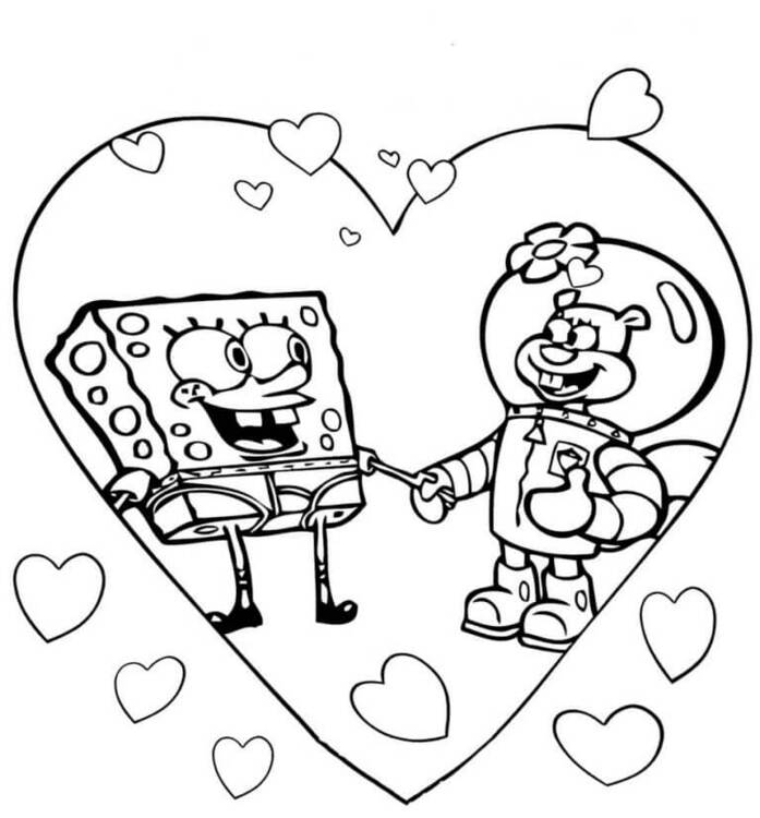 Kolorowanka Narysuj Sandy Pysia i SpongeBob miłość