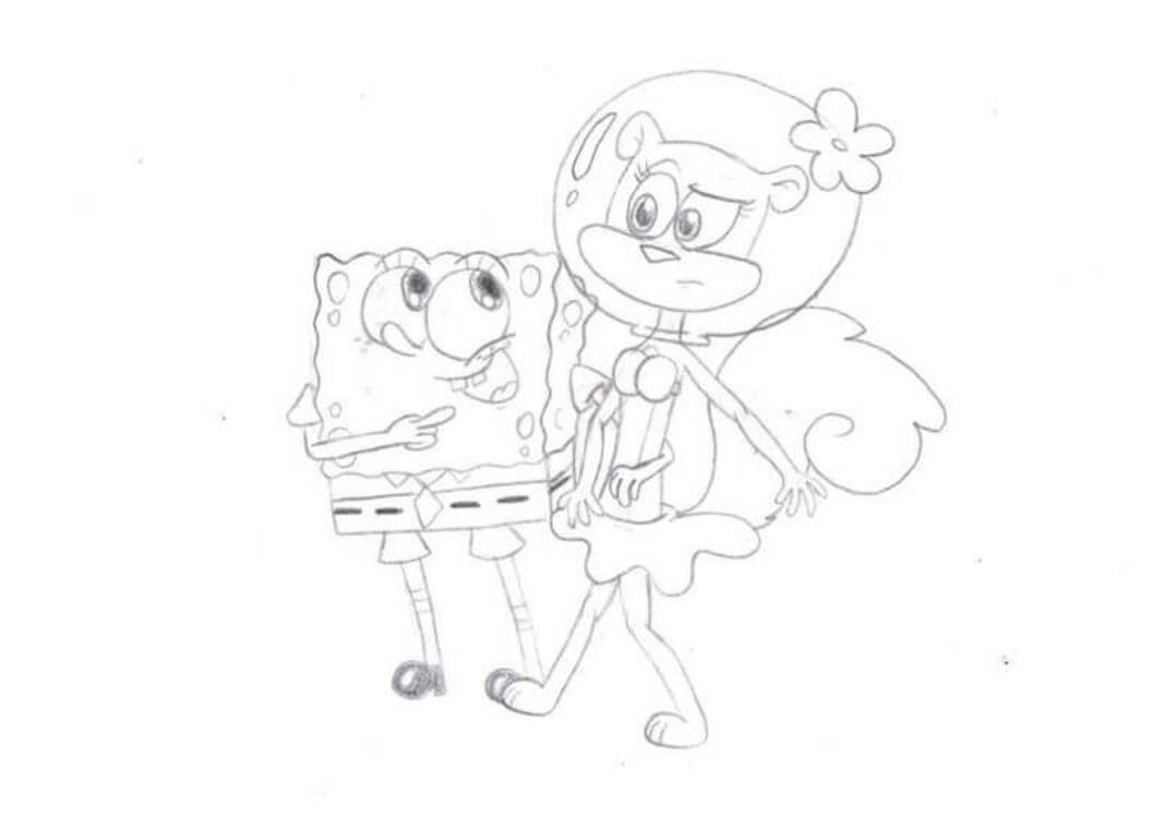 Kolorowanka Narysuj parę SpongeBob i Sandy Pysia