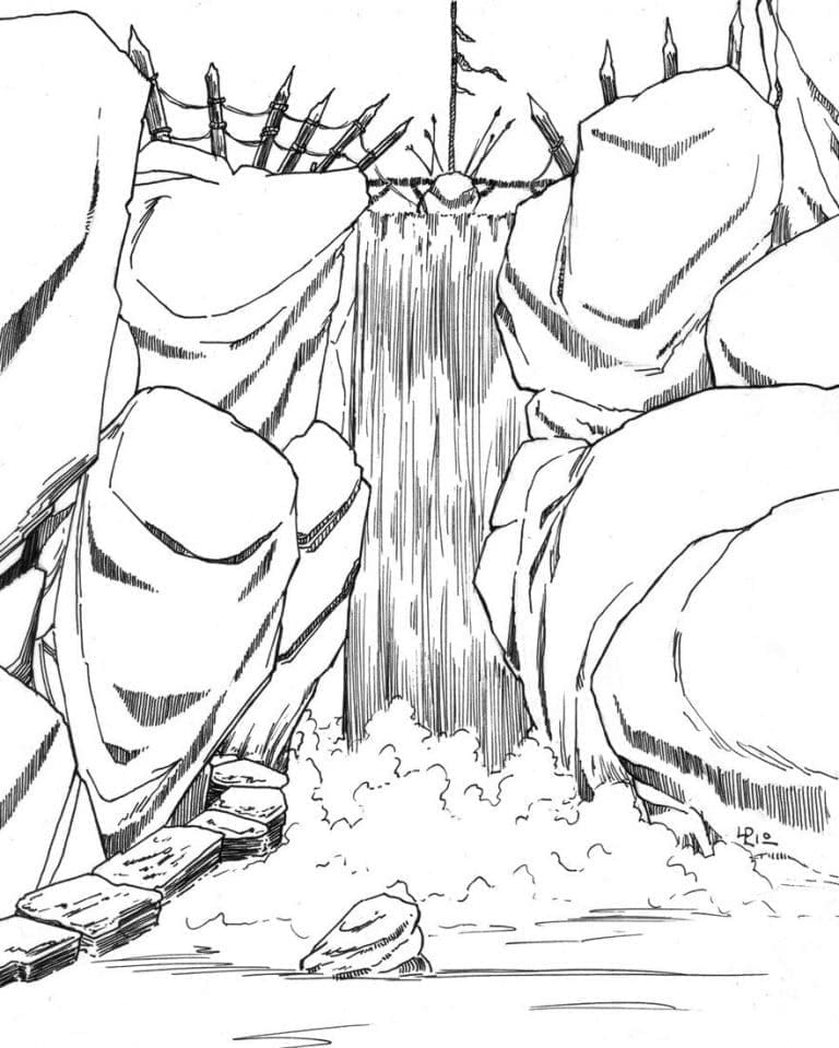 Kolorowanka Narysuj Wodospad do druku dla dzieci