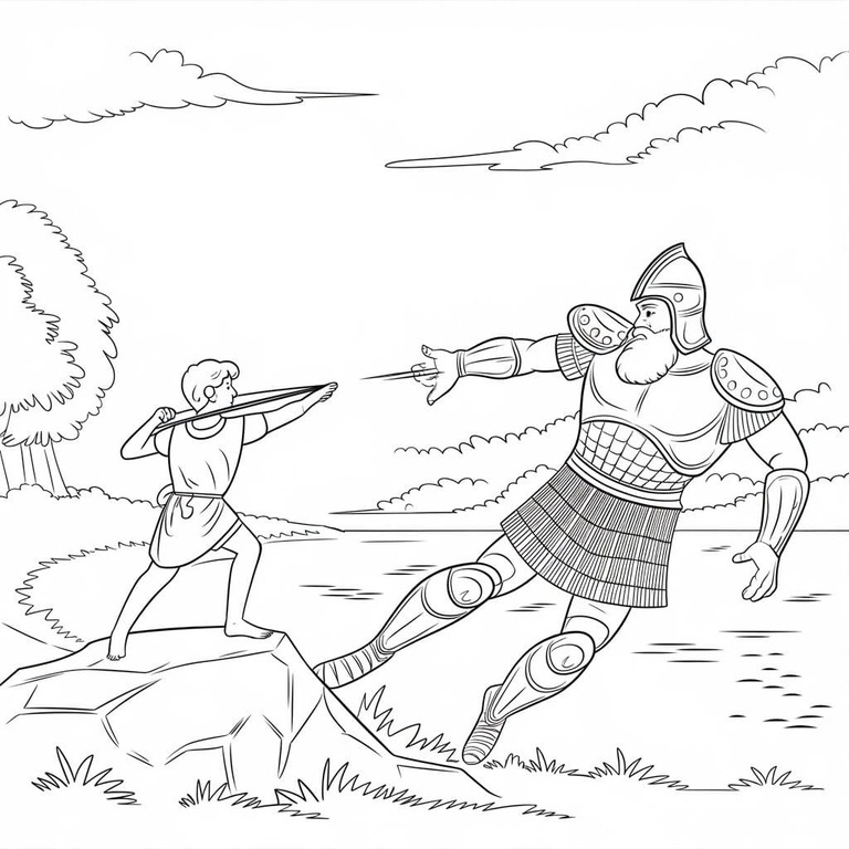 Kolorowanka Narysuj Dawid i Goliat bezpłatny dla dzieci