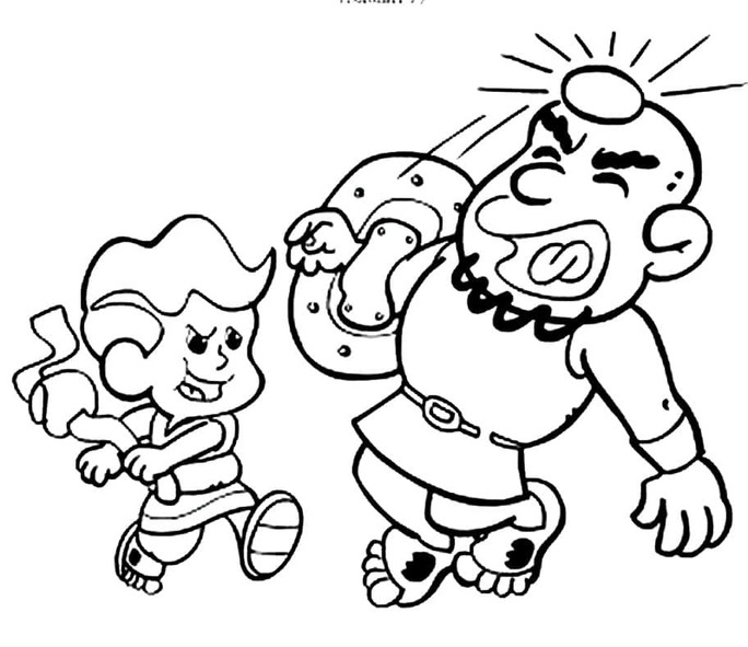 Kolorowanka Narysuj Dawid i Goliat dla dzieci