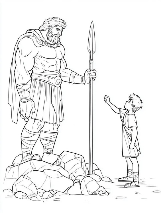 Kolorowanka Narysuj Dawid i Goliat łatwy