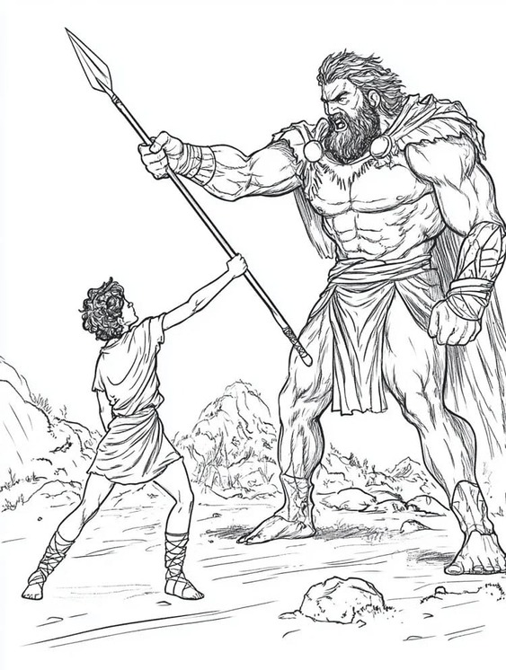 Kolorowanka Narysuj Dawid i Goliat prosty