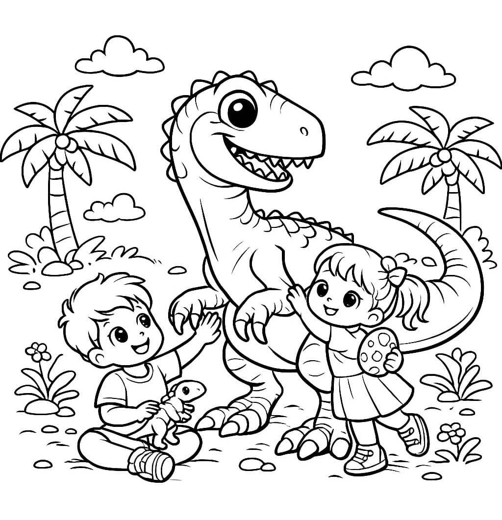Kolorowanka Narysuj Welociraptor i dzieci