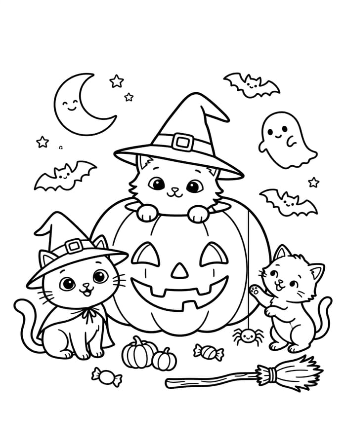 Kolorowanka Koty Halloween bezpłatny wydruku dla dzieci