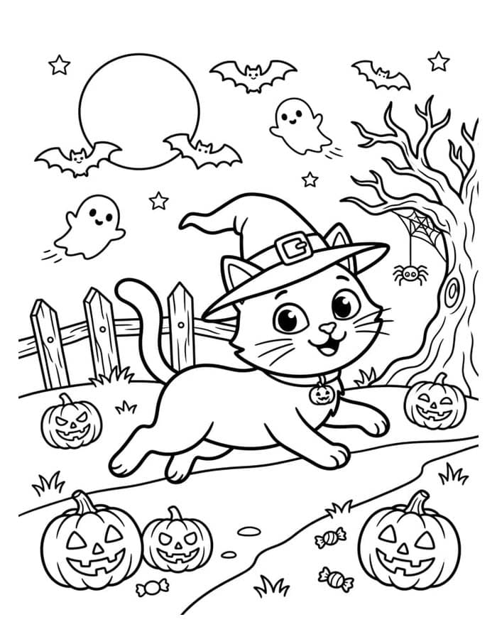 Kolorowanka Narysuj Koty Halloween bezpłatny dla dzieci