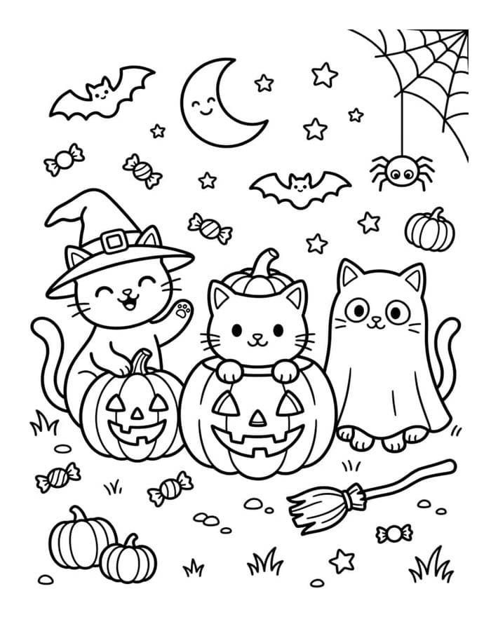 Kolorowanka Narysuj Koty Halloween bezpłatny łatwy