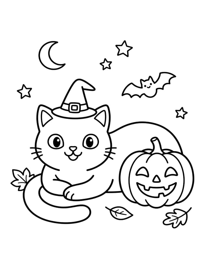 Kolorowanka Narysuj Koty Halloween bezpłatny podstawowy