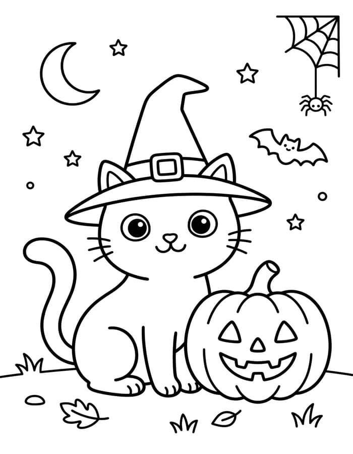 Kolorowanka Narysuj Koty Halloween bezpłatny wydruku podstawowy