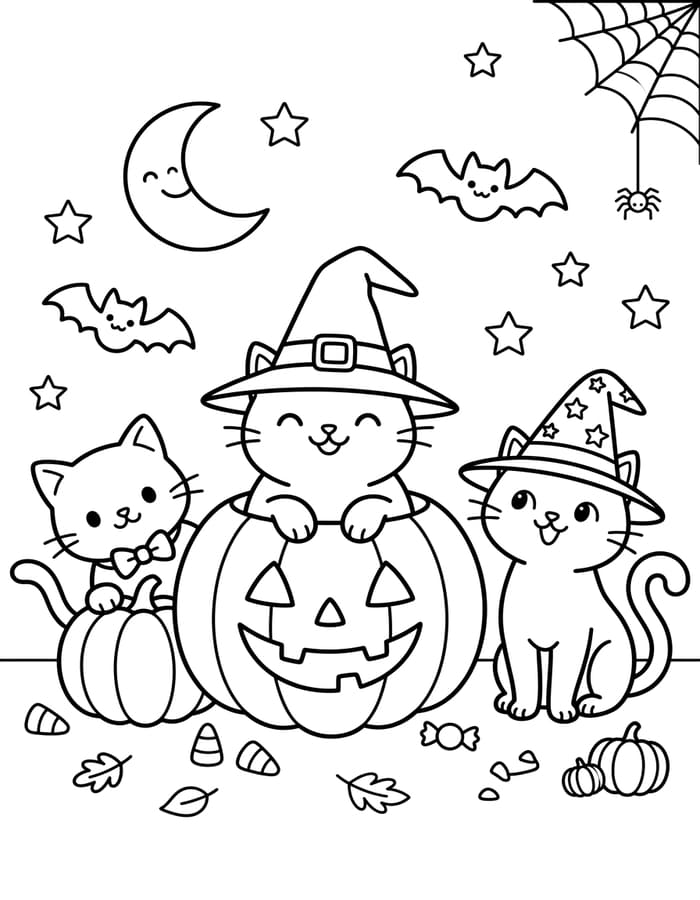 Kolorowanka Narysuj Koty Halloween bezpłatny wydruku prosty