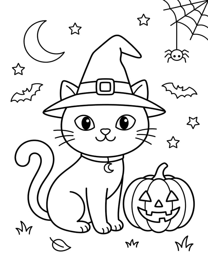 Kolorowanka Narysuj Koty Halloween bezpłatny wydruku