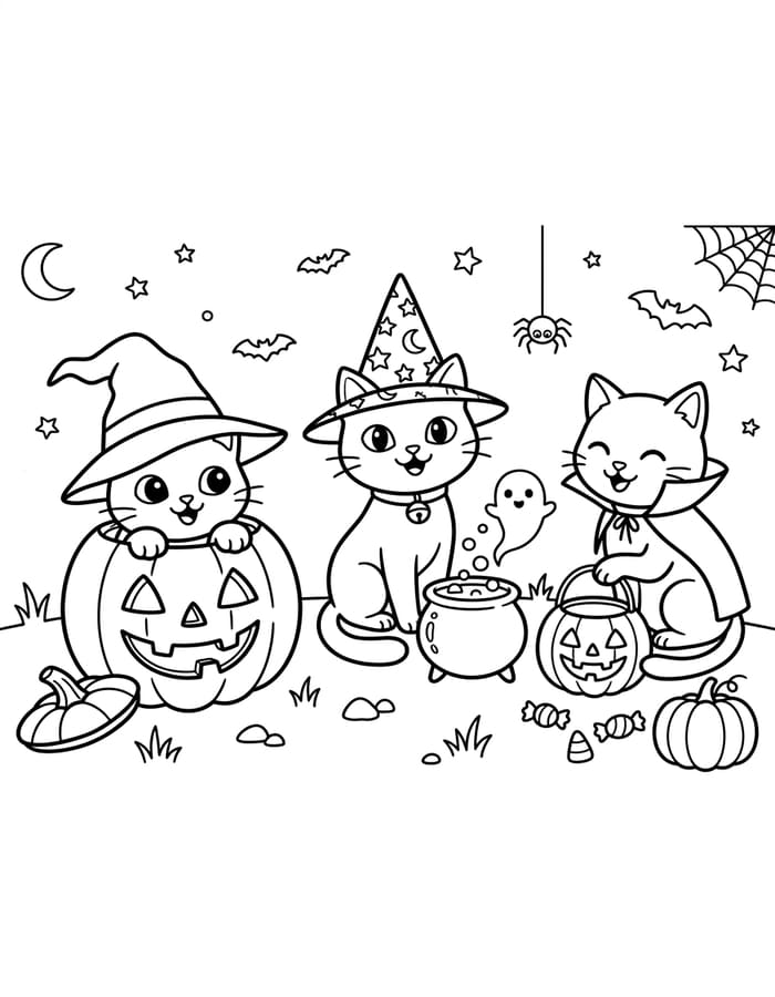 Kolorowanka Narysuj Koty Halloween dla dzieci