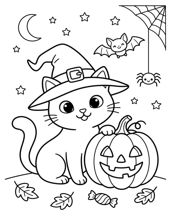 Kolorowanka Narysuj Koty Halloween podstawowy