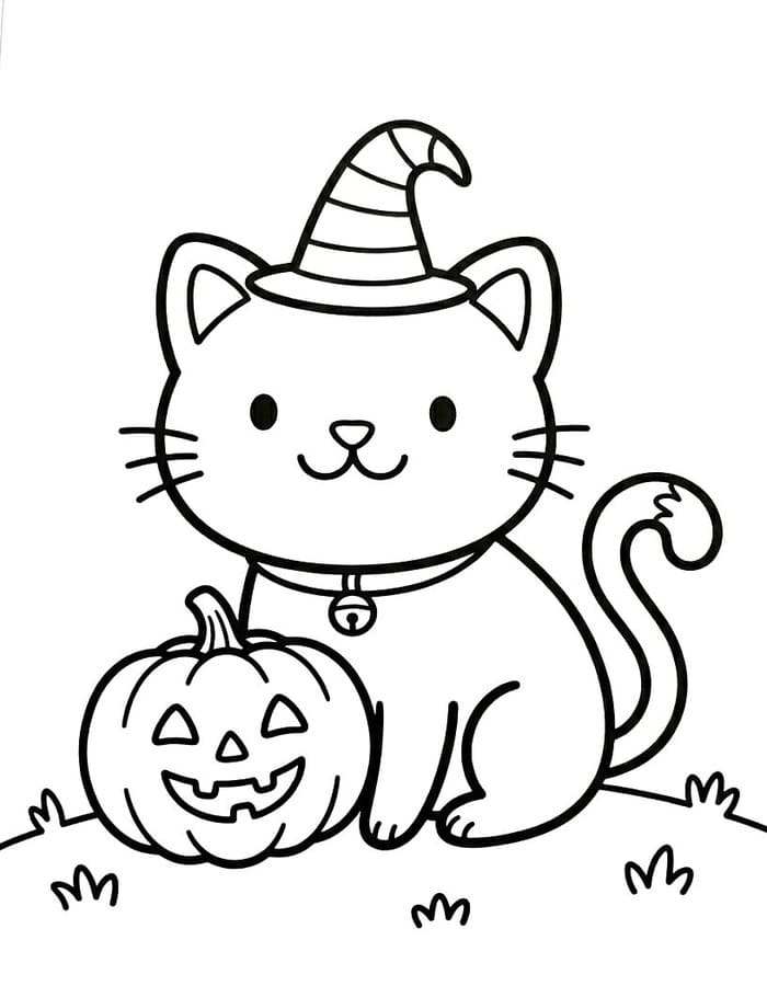 Kolorowanka Narysuj Koty Halloween wydruku łatwy