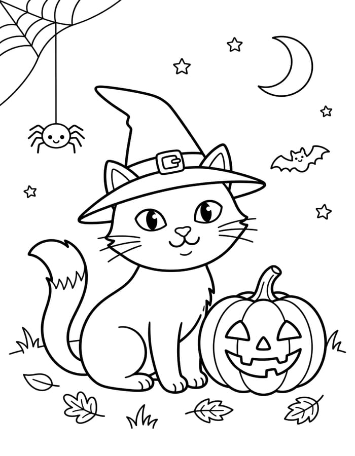 Kolorowanka Narysuj Koty Halloween wydruku prosty