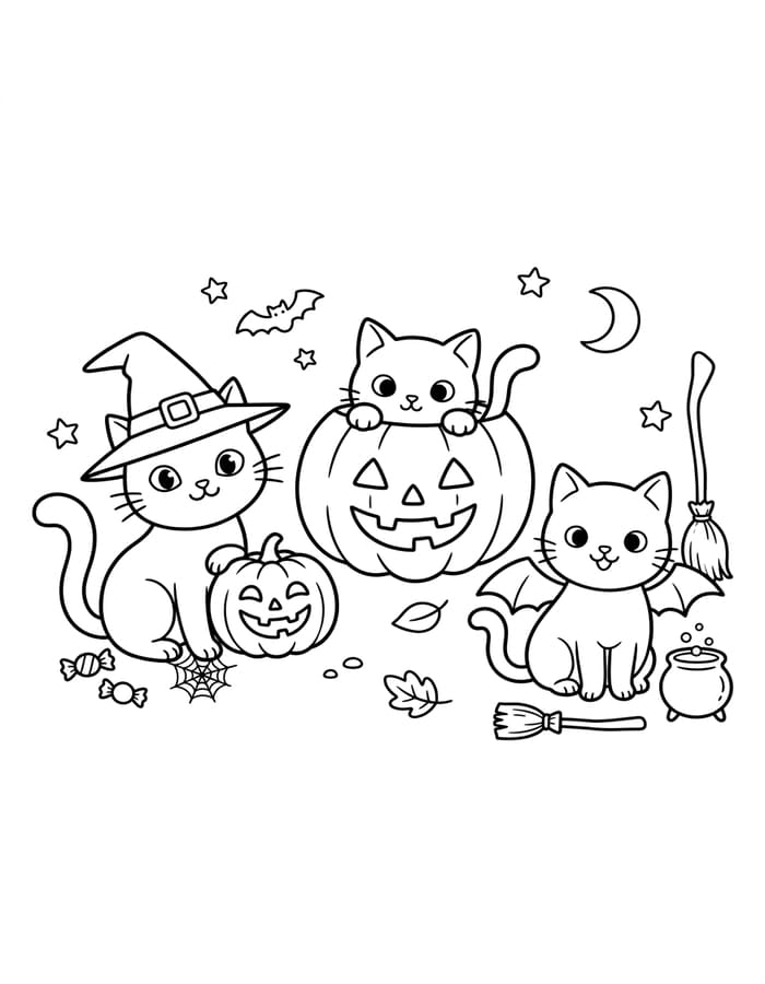 Kolorowanka Obraz Koty Halloween bezpłatny wydruku