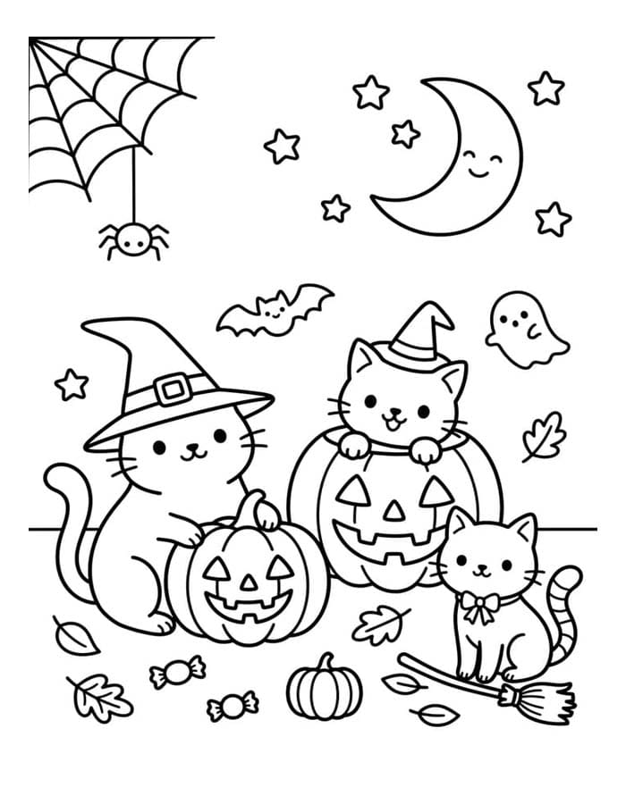 Kolorowanka Obraz Koty Halloween do druku