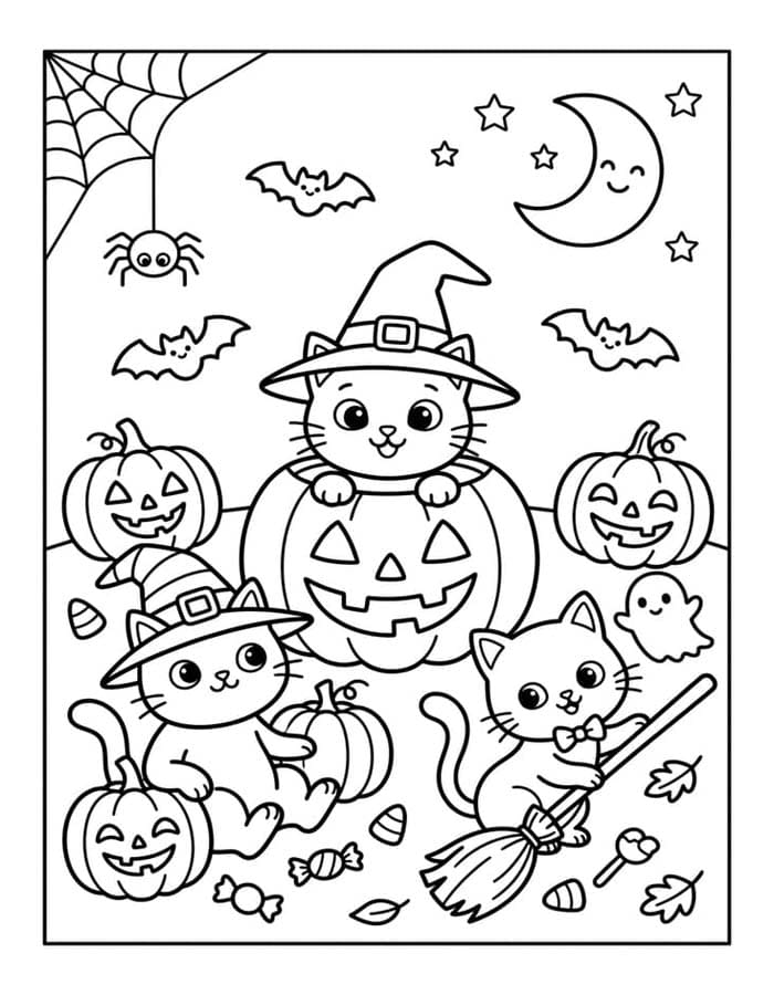 Kolorowanka Obraz Koty Halloween